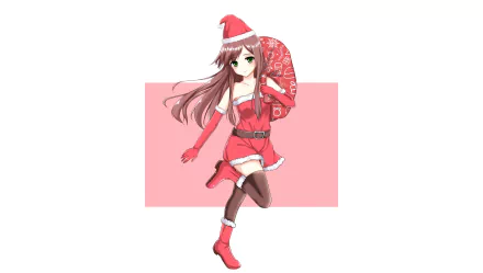 HD anime Christmas desktop wallpaper featuring a girl in a festive Santa outfit holding a red sack, set against a pink rectangular background.