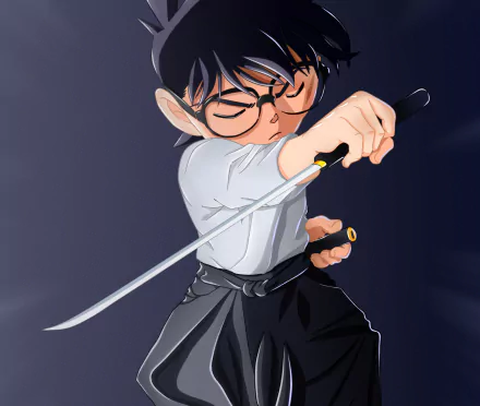 HD PC desktop wallpaper of Conan Edogawa (Detective Conan) in anime style, eyes closed and gripping a drawn sword in a dramatic samurai pose on a dark blue background.