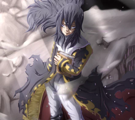 HD PC wallpaper of Mard Geer (Fairy Tail): brooding anime mage in a dark coat clutching a book, pale feathers and swirling shadows drifting behind him.