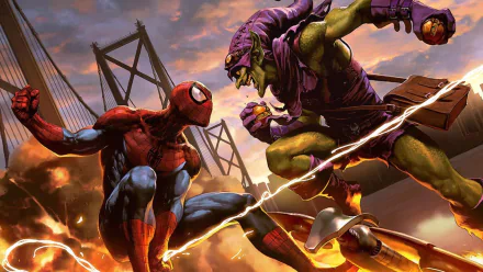 HD PC desktop wallpaper featuring Spider-Man and Green Goblin in a dynamic comic-style battle scene with a dramatic sunset and bridge backdrop.