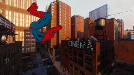Spider-Man (PS4) mid-swing above a city block past a neon CINEMA sign — 4K Ultra HD PC desktop wallpaper/background from the video game.
