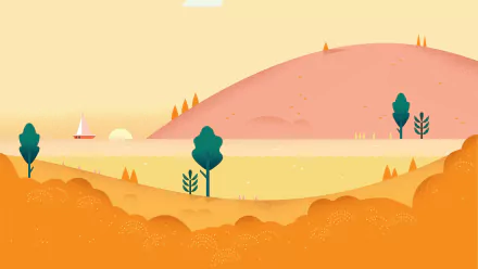 4K Ultra HD PC desktop wallpaper featuring a minimalistic, pastel-colored landscape inspired by the video game Sketch Up!, with rolling hills, trees, and a sailboat.