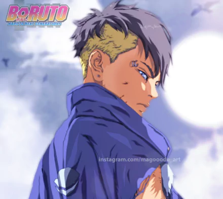 Kawaki (Boruto) anime side profile in a blue jacket under a cloudy sky and bright moon — HD PC desktop wallpaper/background.