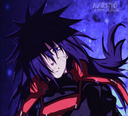 HD PC desktop wallpaper/background of Madara Uchiha (Anime, Naruto): dark-haired Uchiha with piercing eyes and flowing cloak against a moody purple backdrop.