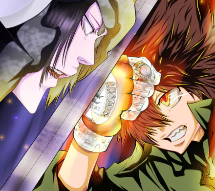 HD anime wallpaper featuring Genkishi and Tsunayoshi Sawada from Katekyō Hitman Reborn! in a dynamic battle scene with intense expressions and vibrant colors.