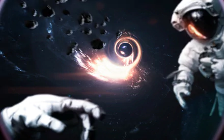 HD Sci-Fi desktop wallpaper showing an astronaut near a glowing wormhole amid floating debris in deep space.