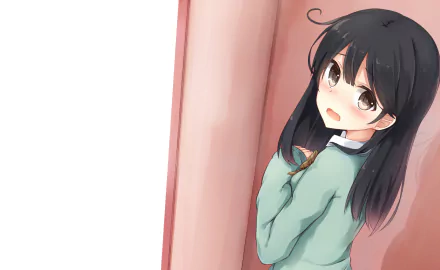 Anime-style HD desktop wallpaper featuring Ushio from Kantai Collection, depicted with long dark hair and a teal outfit against a soft pink background.