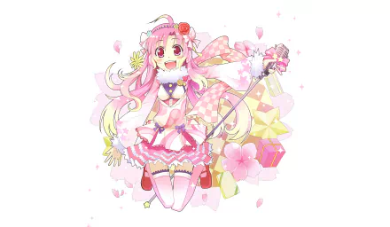 Anime Original HD PC desktop wallpaper: cheerful pink-haired magical girl in frilly pink outfit and ribbons, holding a star-topped staff amid cherry blossoms and pastel geometric shapes.