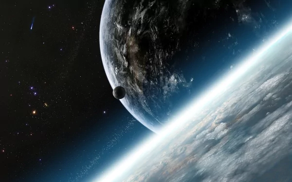 Sci-fi planetscape HD wallpaper, featuring a close-up view of a planet with a smaller moon in space, surrounded by stars.