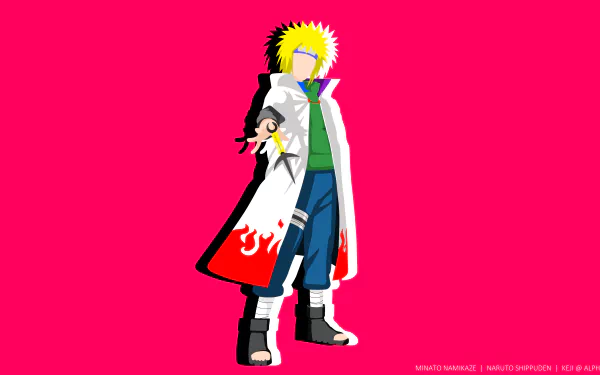 Minimalist 8K Ultra HD anime wallpaper of blonde Minato Namikaze from Naruto, standing confidently against a vibrant red background.