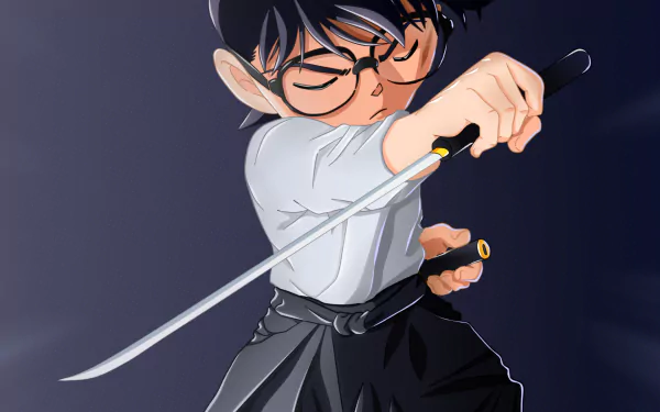 HD PC desktop wallpaper of Conan Edogawa (Detective Conan) in anime style, eyes closed and gripping a drawn sword in a dramatic samurai pose on a dark blue background.