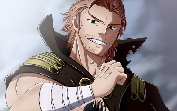 HD PC desktop wallpaper featuring Gildarts Clive from the anime Fairy Tail with a confident expression and rugged attire.