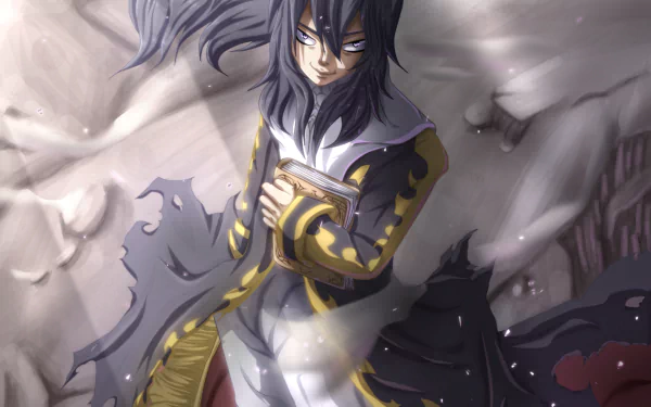 HD PC wallpaper of Mard Geer (Fairy Tail): brooding anime mage in a dark coat clutching a book, pale feathers and swirling shadows drifting behind him.