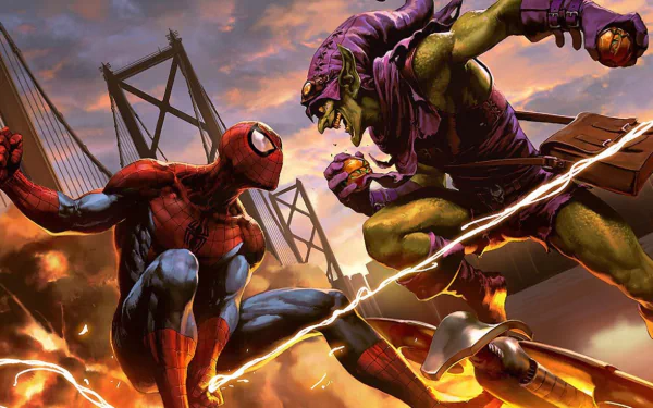 HD PC desktop wallpaper featuring Spider-Man and Green Goblin in a dynamic comic-style battle scene with a dramatic sunset and bridge backdrop.