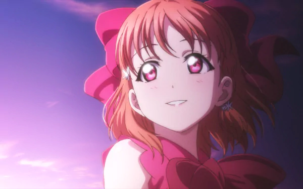 Chika Takami (Love Live! Sunshine!!) anime portrait, smiling toward a purple-pink sunset sky — vibrant HD PC desktop wallpaper/background.