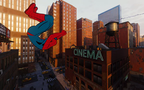 Spider-Man (PS4) mid-swing above a city block past a neon CINEMA sign — 4K Ultra HD PC desktop wallpaper/background from the video game.