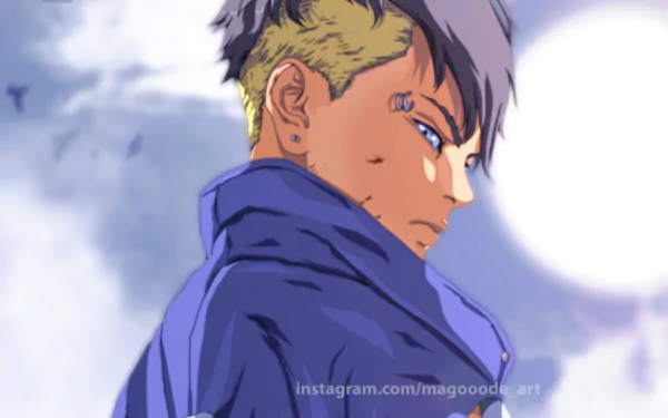 Kawaki (Boruto) anime side profile in a blue jacket under a cloudy sky and bright moon — HD PC desktop wallpaper/background.