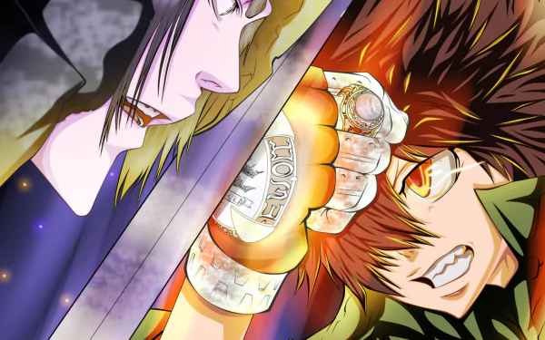 HD anime wallpaper featuring Genkishi and Tsunayoshi Sawada from Katekyō Hitman Reborn! in a dynamic battle scene with intense expressions and vibrant colors.