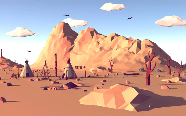 Low poly artistic landscape with faceted mountains, desert terrain, and teepees under a bright sky, rendered in 4K Ultra HD for PC desktop wallpaper and background.