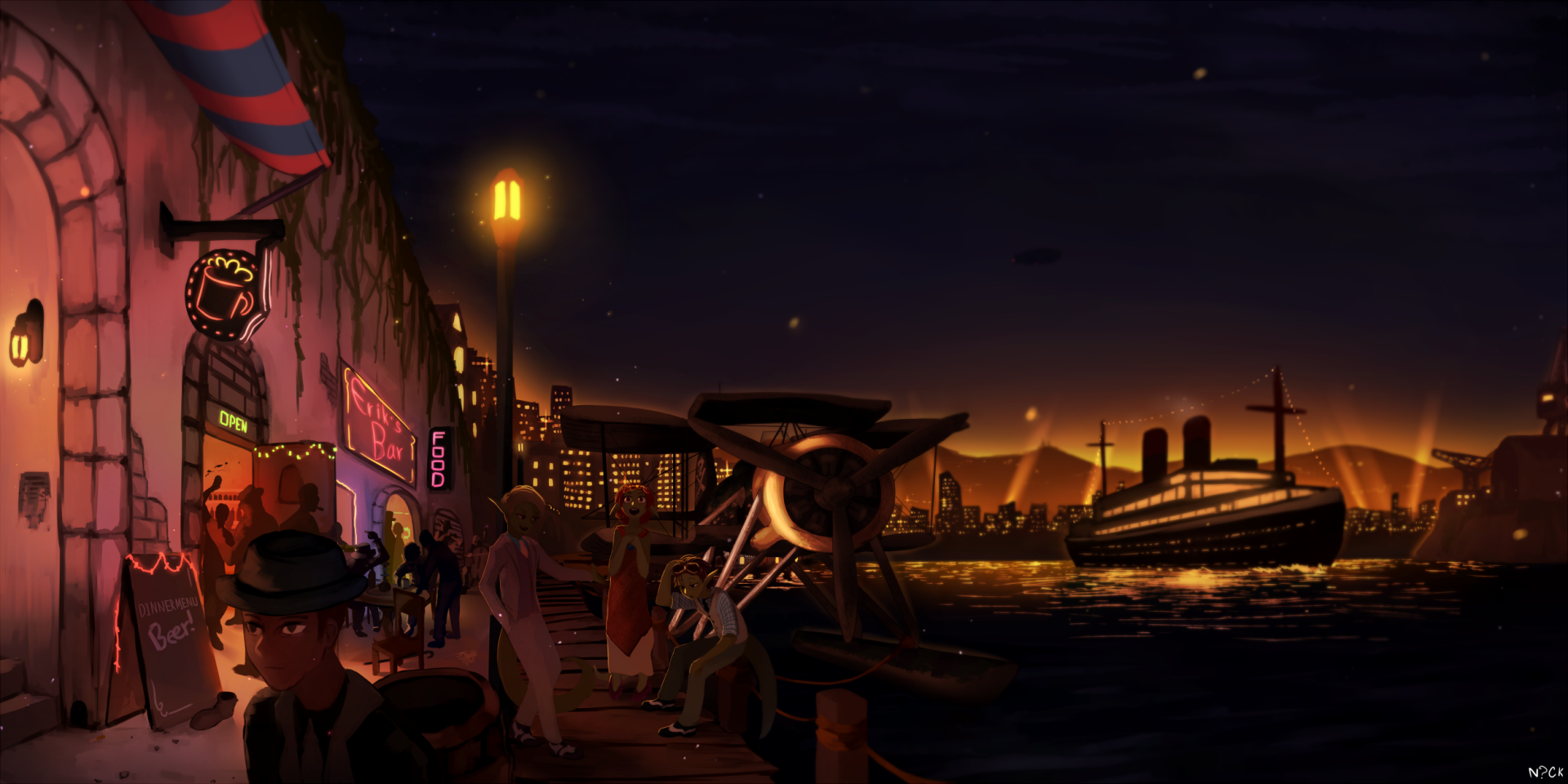 HD PC anime night desktop wallpaper: neon-lit shops and people on a street-pier, vintage ship and glowing city skyline at night