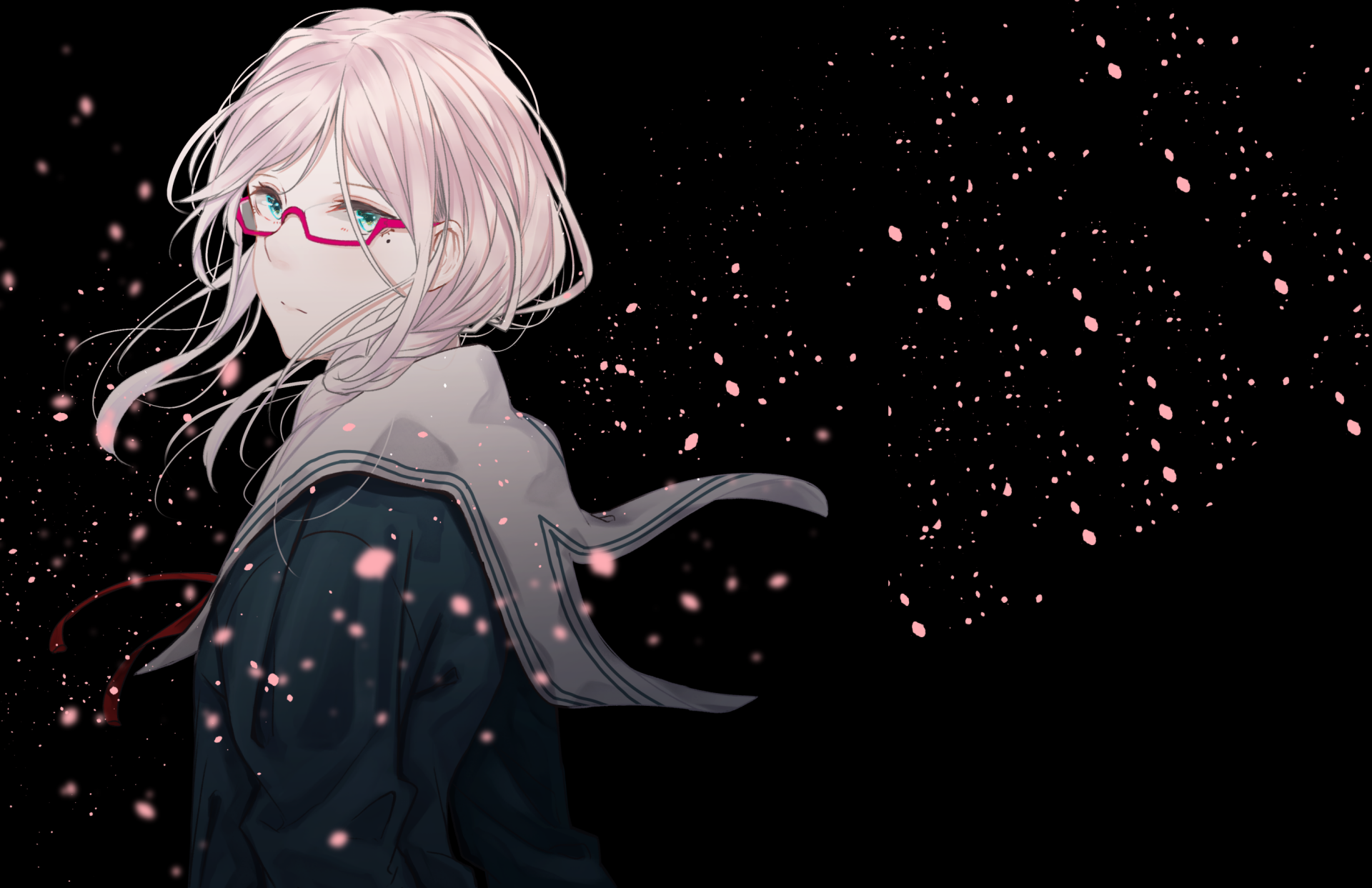 Anime-style HD desktop wallpaper featuring a school uniform-clad character with blue and white eyes wearing glasses against a dark, starry background.