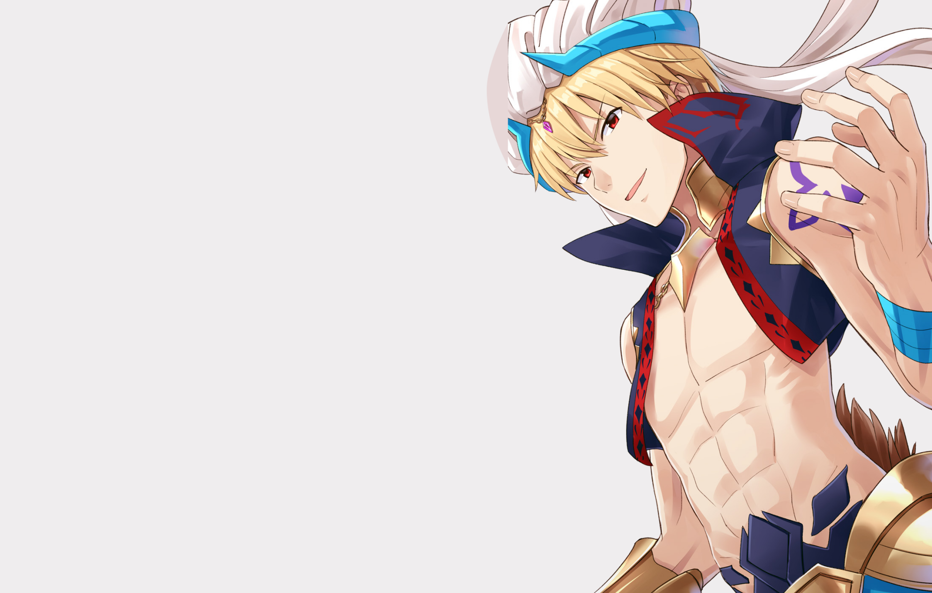 HD anime wallpaper featuring Gilgamesh (Caster) from Fate/Grand Order with blonde hair, red eyes, and a confident smile against a light background.