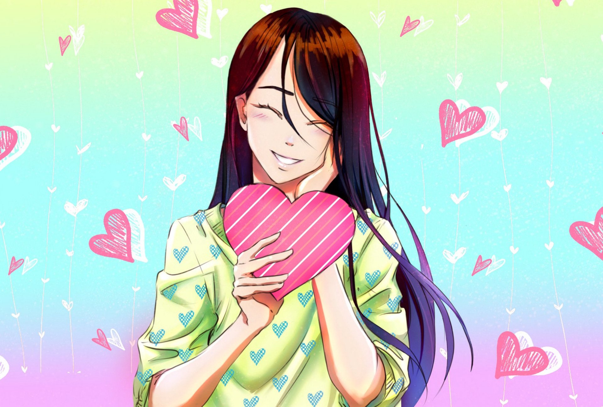 Anime-style HD desktop wallpaper featuring a long-haired character smiling and holding a pink heart, surrounded by floating hearts in a colorful Valentine's Day theme.