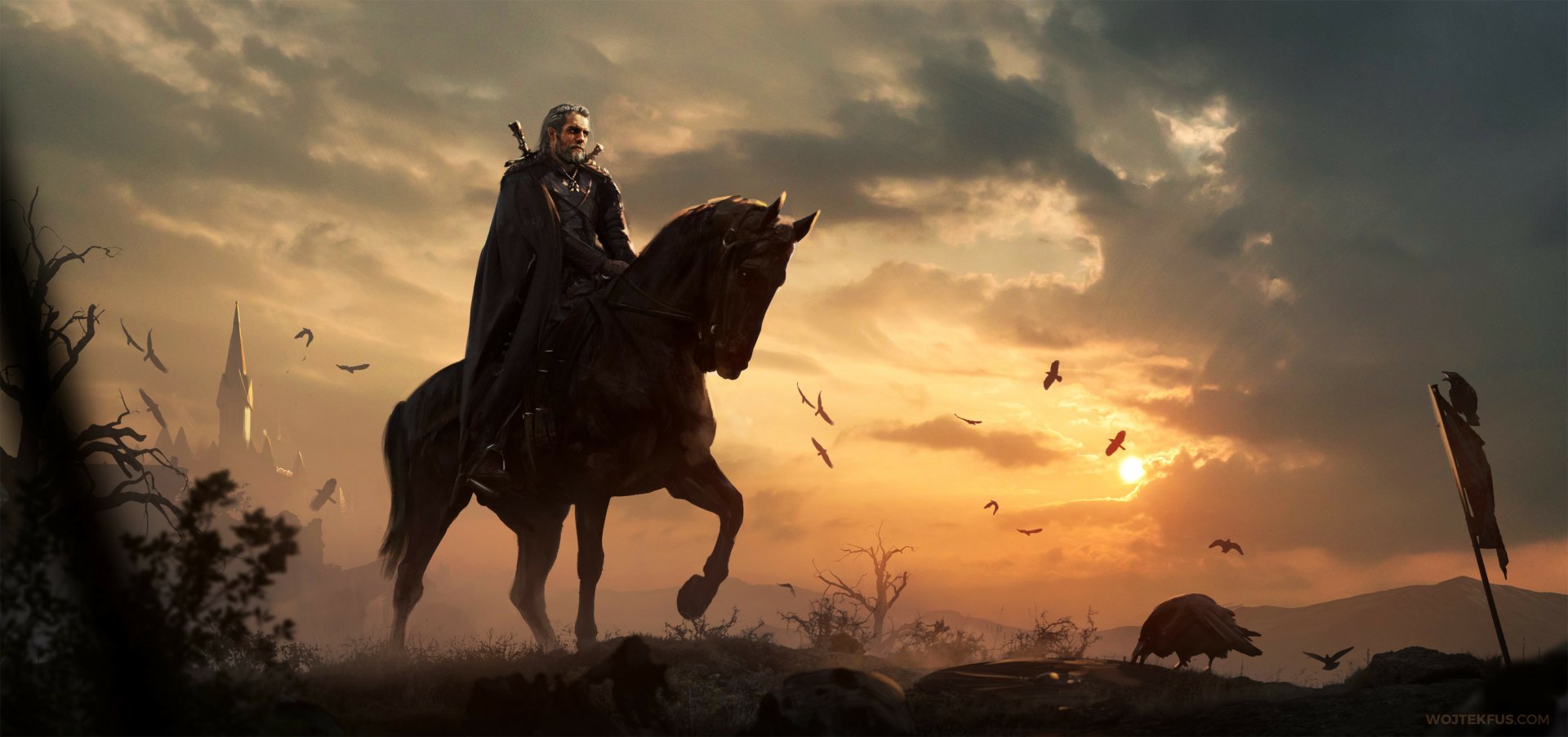 HD desktop wallpaper of Geralt of Rivia from The Witcher 3: Wild Hunt, a warrior on horseback at sunset, with a dramatic sky and birds flying.
