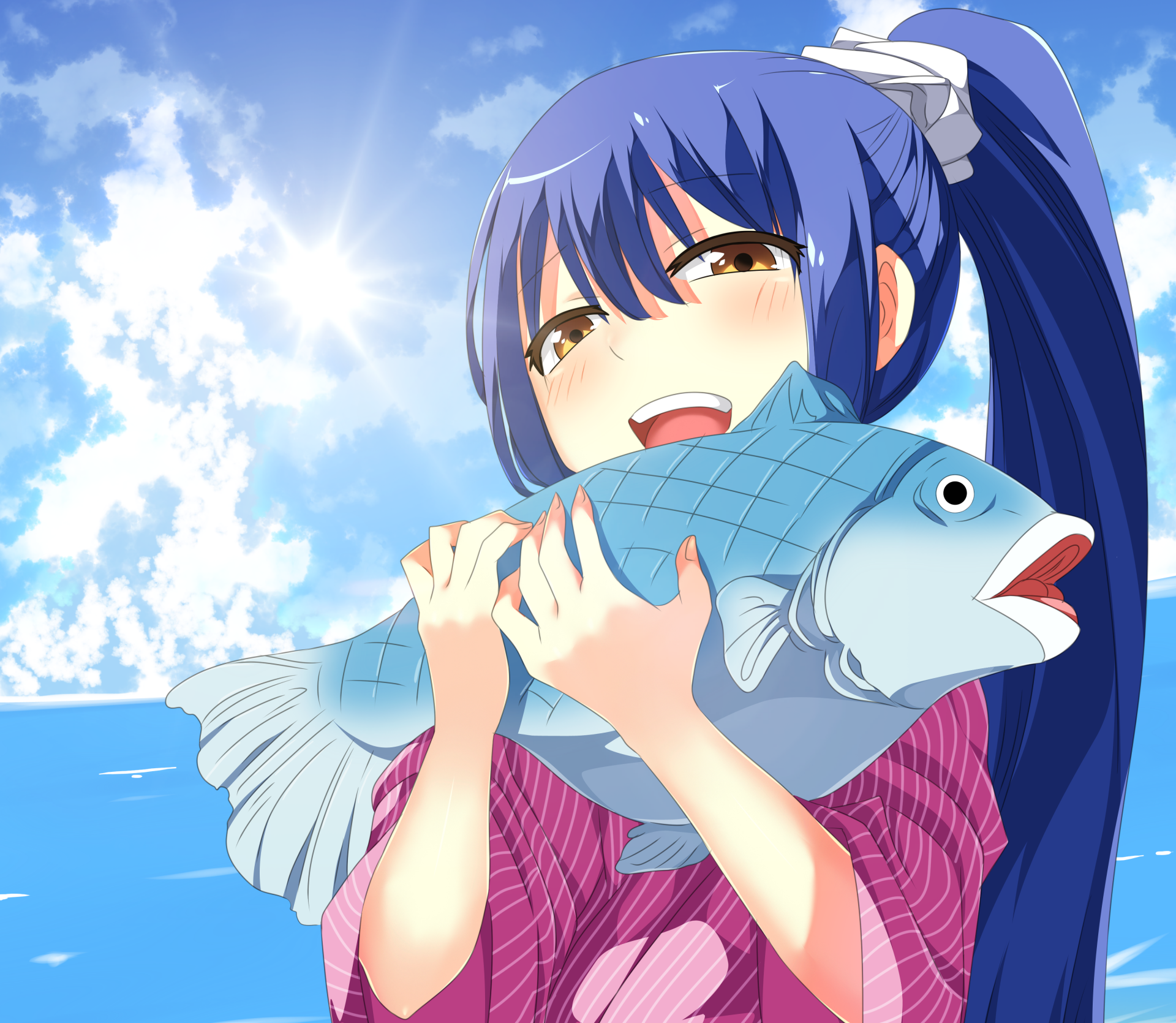 HD anime desktop wallpaper featuring Wendy Marvell from Fairy Tail smiling while holding a large fish against a bright sky background.