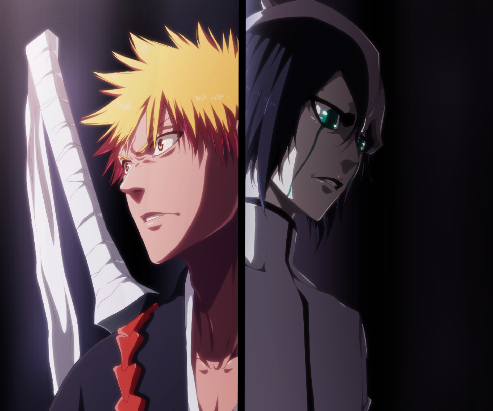 HD desktop wallpaper featuring anime characters Ichigo Kurosaki and Ulquiorra Cifer from Bleach, showcasing a dramatic split-screen contrast.