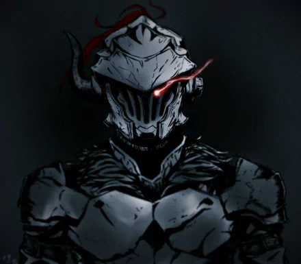 HD desktop wallpaper of Goblin Slayer, a character from the anime, depicted in dark armor with a glowing red eye in a dim background.