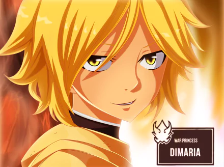 Close-up of Dimaria Yesta from Fairy Tail — anime portrait with golden hair, amber eyes and a sly smile against a warm, fiery HD PC desktop wallpaper background.