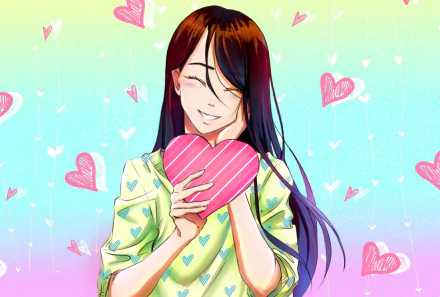 Anime-style HD desktop wallpaper featuring a long-haired character smiling and holding a pink heart, surrounded by floating hearts in a colorful Valentine's Day theme.