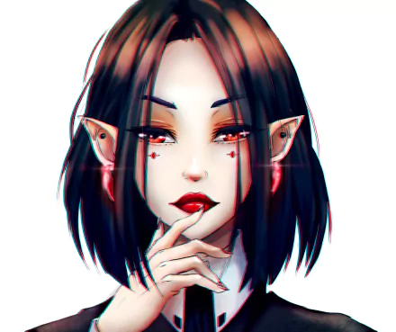 Original anime HD PC desktop wallpaper of a short black-haired vampire with red eyes, pointed ears, pale skin and red lipstick, finger to lips.