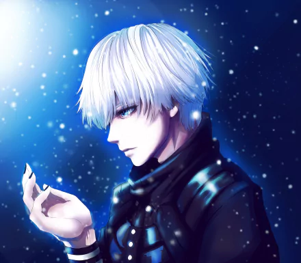 HD desktop wallpaper featuring Ken Kaneki from Tokyo Ghoul √A, with white hair and blue eyes, surrounded by snowfall against a dark blue background.