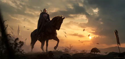 HD desktop wallpaper of Geralt of Rivia from The Witcher 3: Wild Hunt, a warrior on horseback at sunset, with a dramatic sky and birds flying.