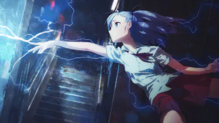 HD anime wallpaper featuring a girl with long blue hair reaching for a glowing, ethereal anomaly in a dark, rainy setting.