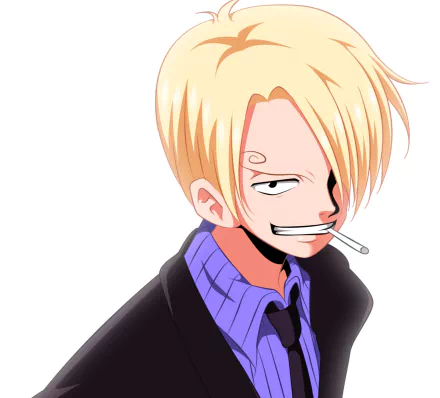 HD PC desktop wallpaper of Sanji (One Piece) — anime portrait of the blond-haired cook smirking with a cigarette, wearing a suit and purple shirt on a white background.