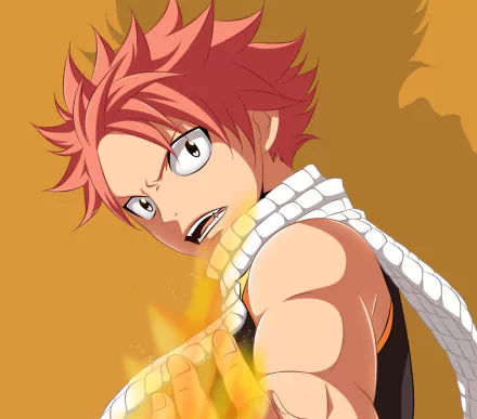 Natsu Dragneel from Fairy Tail, fiery anime portrait with glowing flames, determined expression and his signature white scarf — HD PC desktop wallpaper/background.