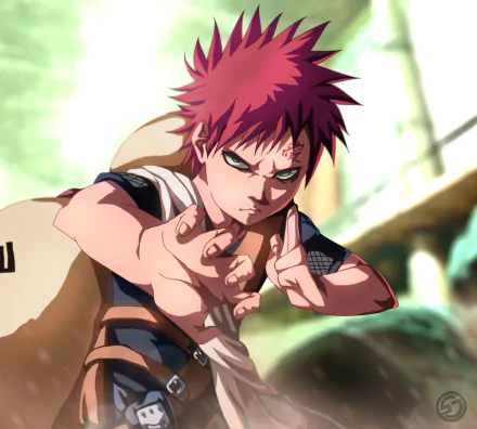 HD anime desktop wallpaper featuring Gaara from Naruto in a dynamic pose, showcasing intense expression and detailed character design.