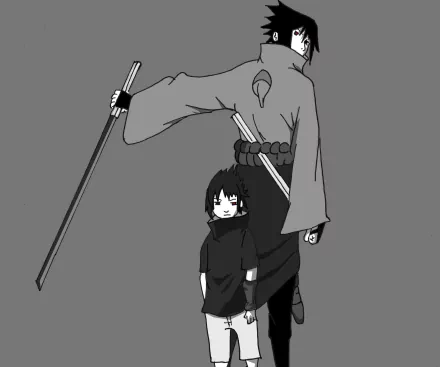 Monochrome 4K Ultra HD PC desktop wallpaper of Sasuke Uchiha (Naruto): adult Sasuke stands behind his younger self, both holding swords against a gray background.