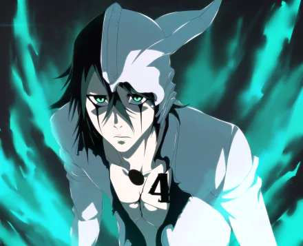 HD anime desktop wallpaper featuring Ulquiorra Cifer from Bleach, with intense green eyes and glowing teal aura in a dark, dramatic setting.