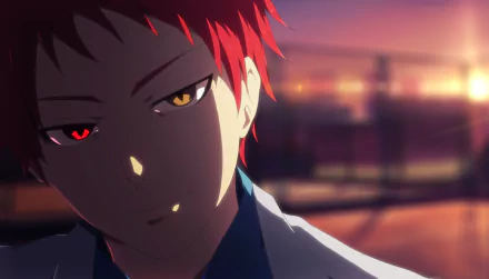 HD anime desktop wallpaper featuring a character from Kuroko's Basketball with heterochromia and the iconic Emperor Eye, set against a blurred sunset background.