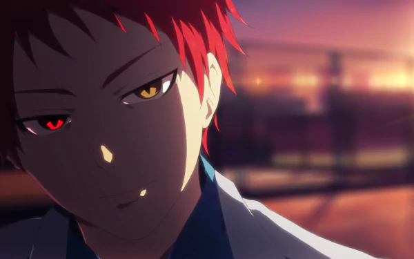 HD anime desktop wallpaper featuring a character from Kuroko's Basketball with heterochromia and the iconic Emperor Eye, set against a blurred sunset background.
