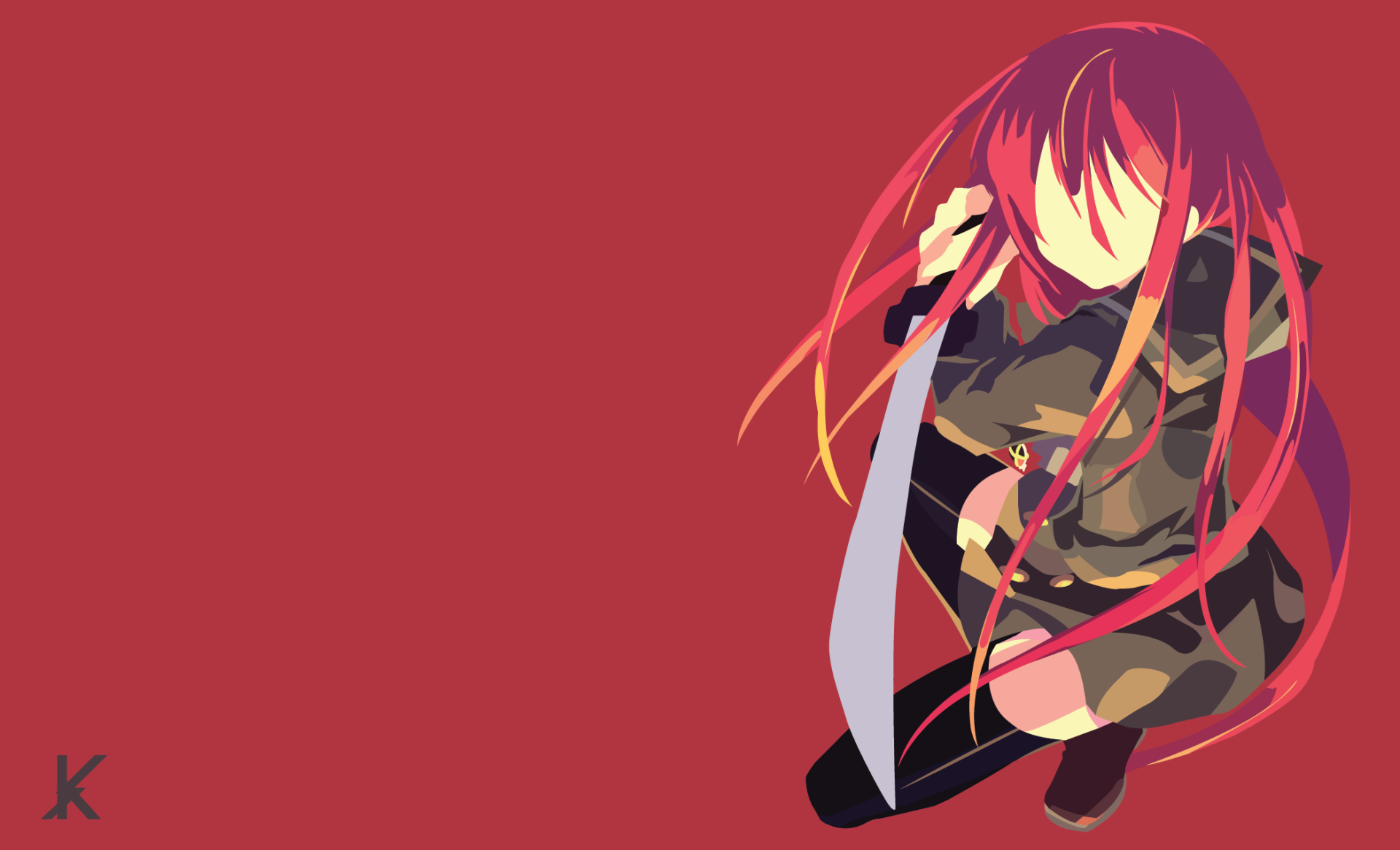 Minimalist HD anime wallpaper featuring Shana from Shakugan No Shana with long hair, thigh highs, skirt, and katana against a solid red background.