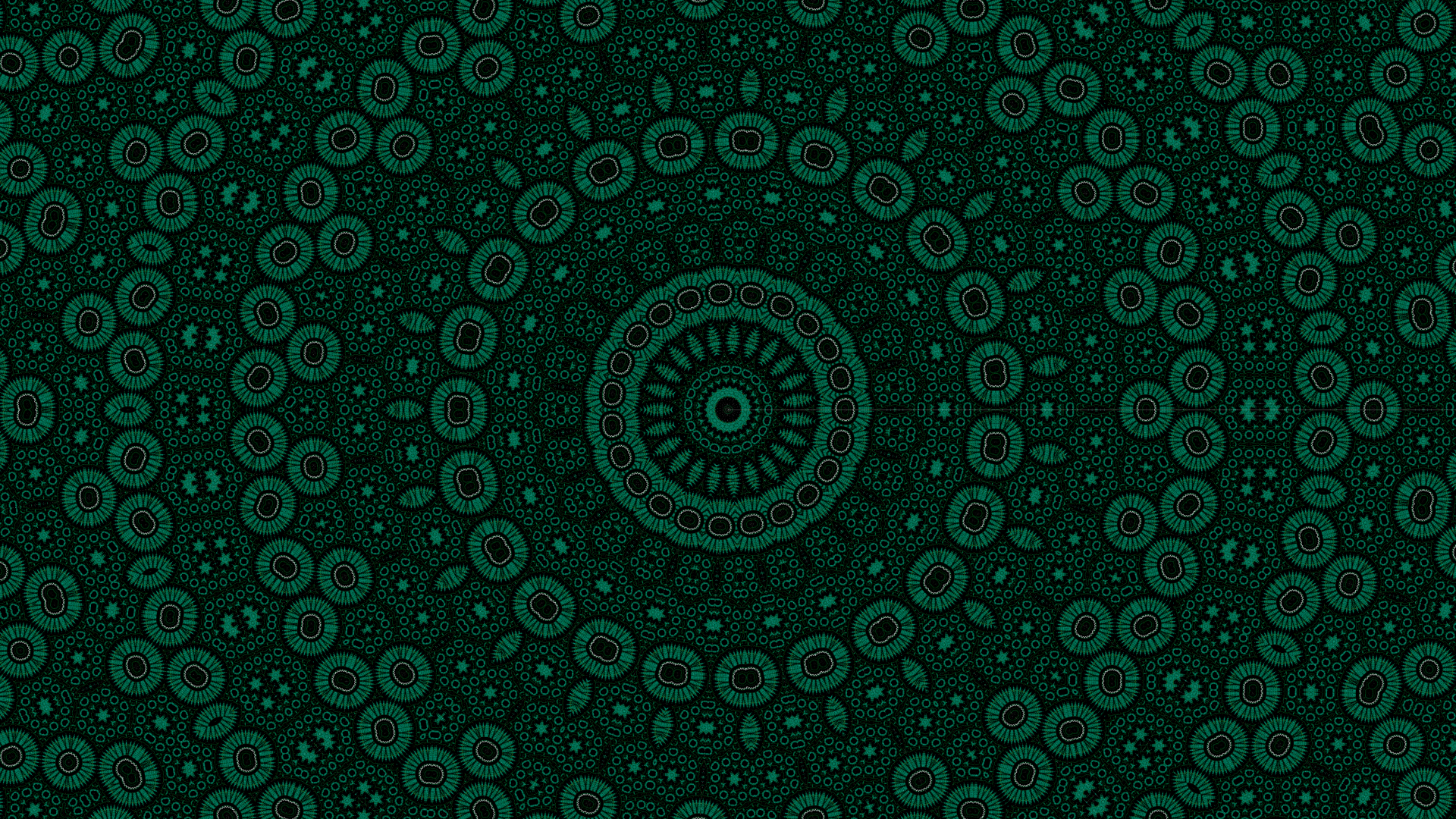Abstract kaleidoscope of concentric green circular motifs on a dark field, 4K Ultra HD PC desktop wallpaper.