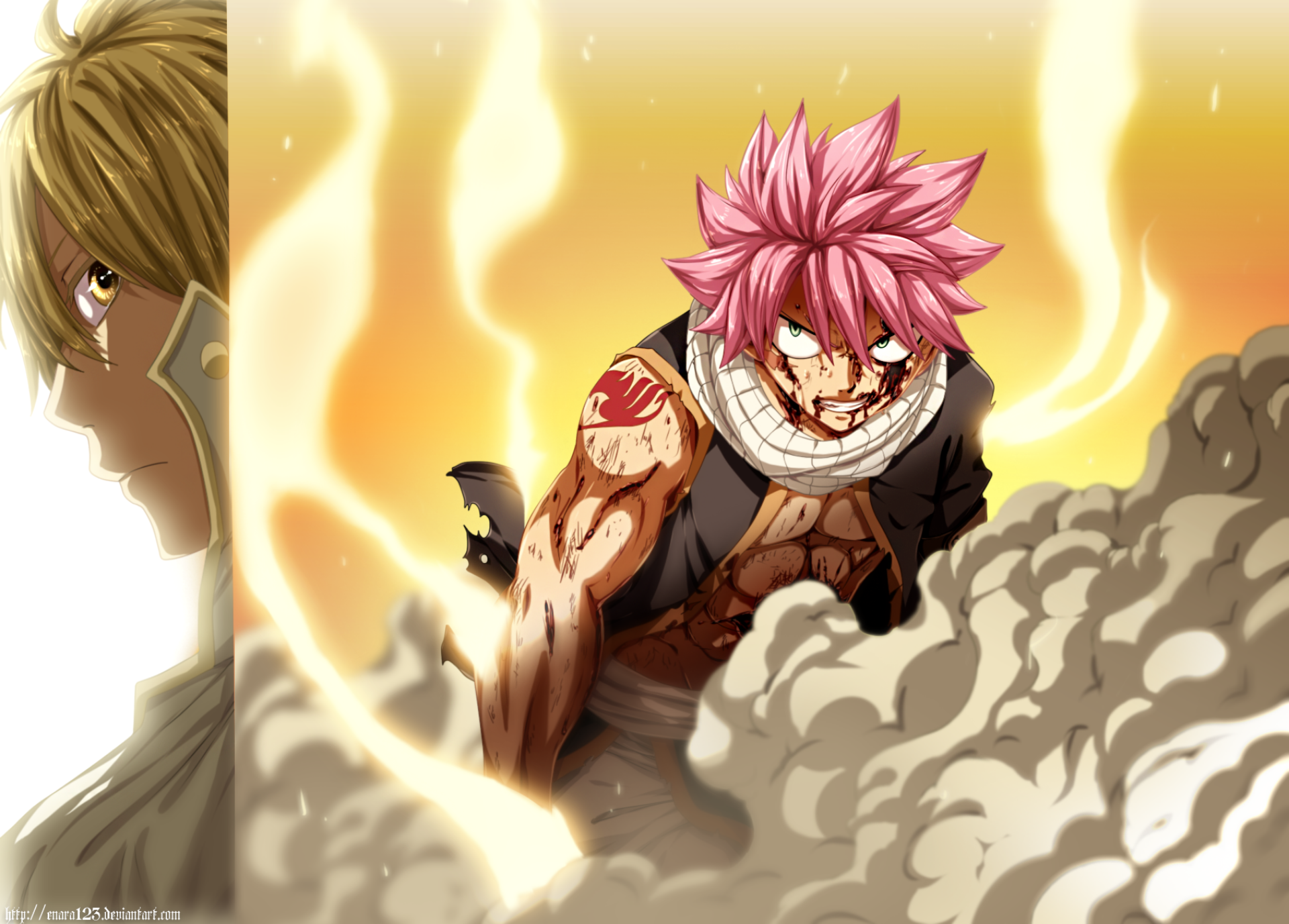 HD anime desktop wallpaper featuring Natsu Dragneel in a fierce battle pose with intense flames, and Zeref Dragneel partially visible in the background from Fairy Tail.