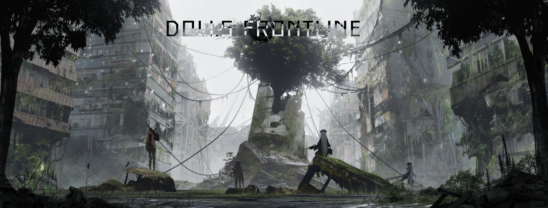 HD desktop wallpaper featuring characters UMP45, UMP9, HK416, and G11 from the video game Girls' Frontline, set in a lush, post-apocalyptic urban jungle.