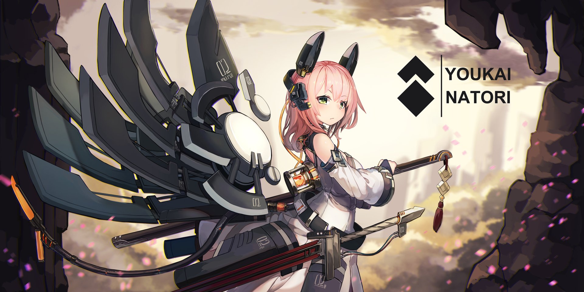 HD anime-style original desktop wallpaper featuring a pink-haired character with mechanical wings and a sword, set against a dramatic cloudy sky background.