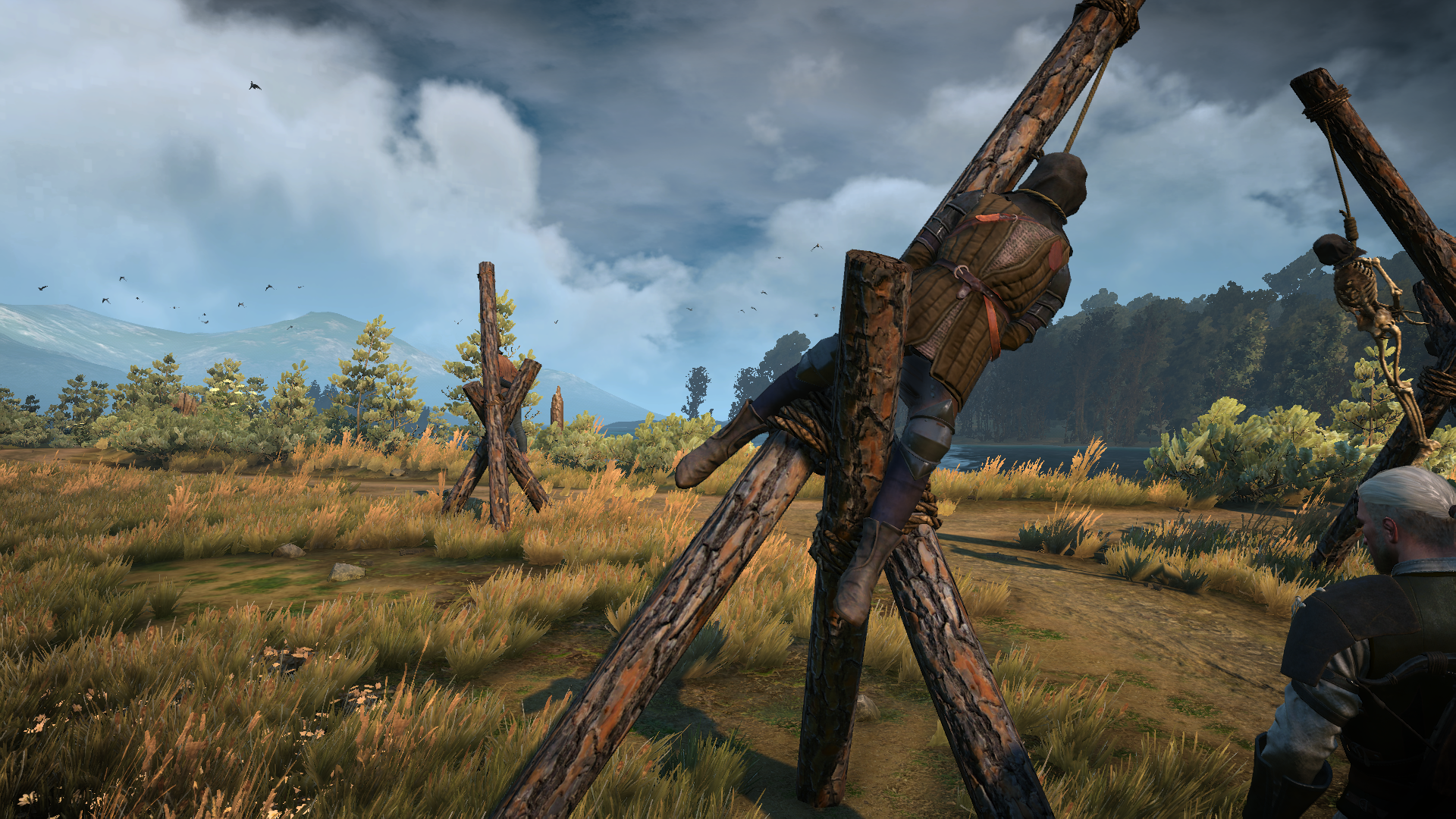 HD PC desktop wallpaper/background from the video game The Witcher 3: Wild Hunt — a stormy meadow with wooden tripods holding a hanging body, scattered trees and distant hills.